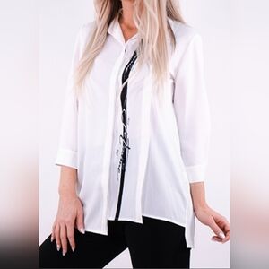 Women’s White Button-Front Tunic with Black Script Placket